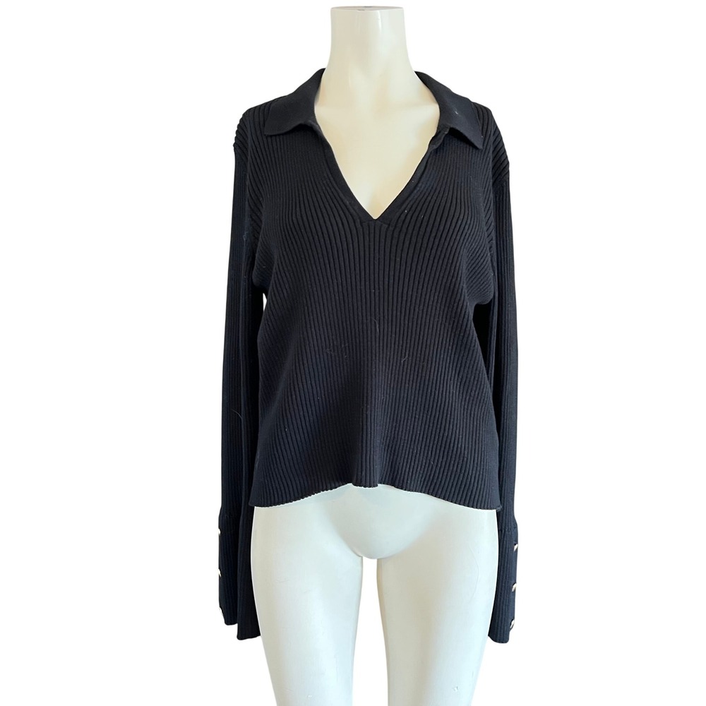 Maeve Anthropologie Black Ribbed Polo Sweater V-Neck Gold Button Cuff XL